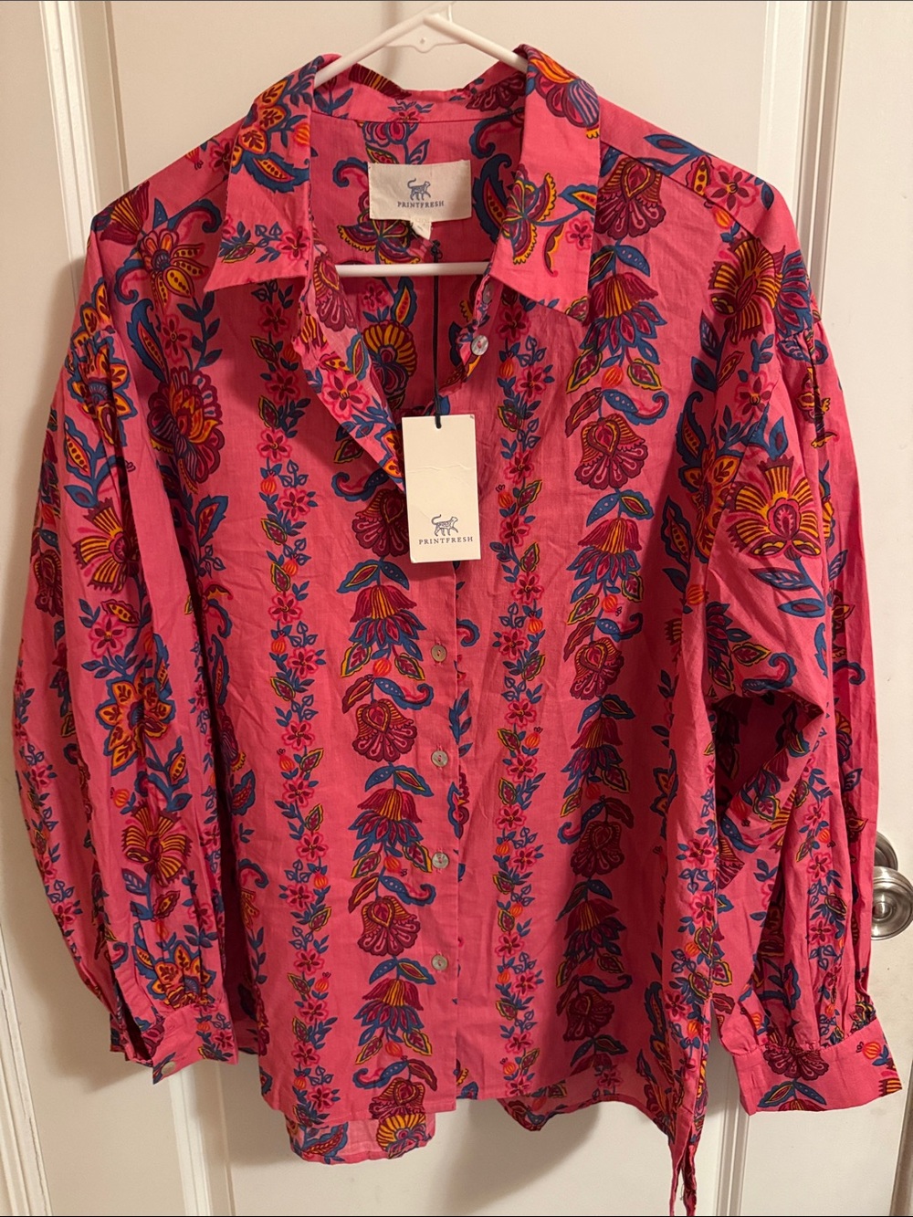 Printfresh Pink Floral Shirt with Blue & Yellow Accents, Women’s Size M